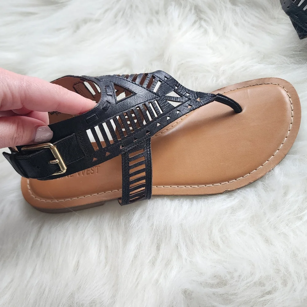 Nine West Polygala Black Leather Laser Cut Geometric Sandals - 7.5